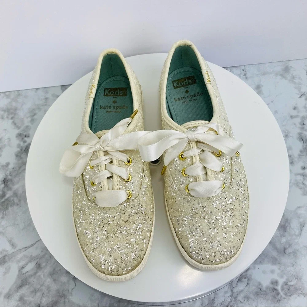 Kate Spade Keds Sneakers Womens 5.5 White Cream Satin Lace Glitter Dipped Bridal